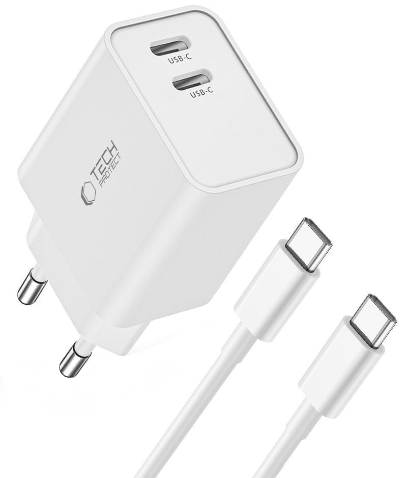 Netzladegerät mit USB-C-Kabel Tech-Protect C35W, 35W, 3A, 2 x USB-C, Weiß