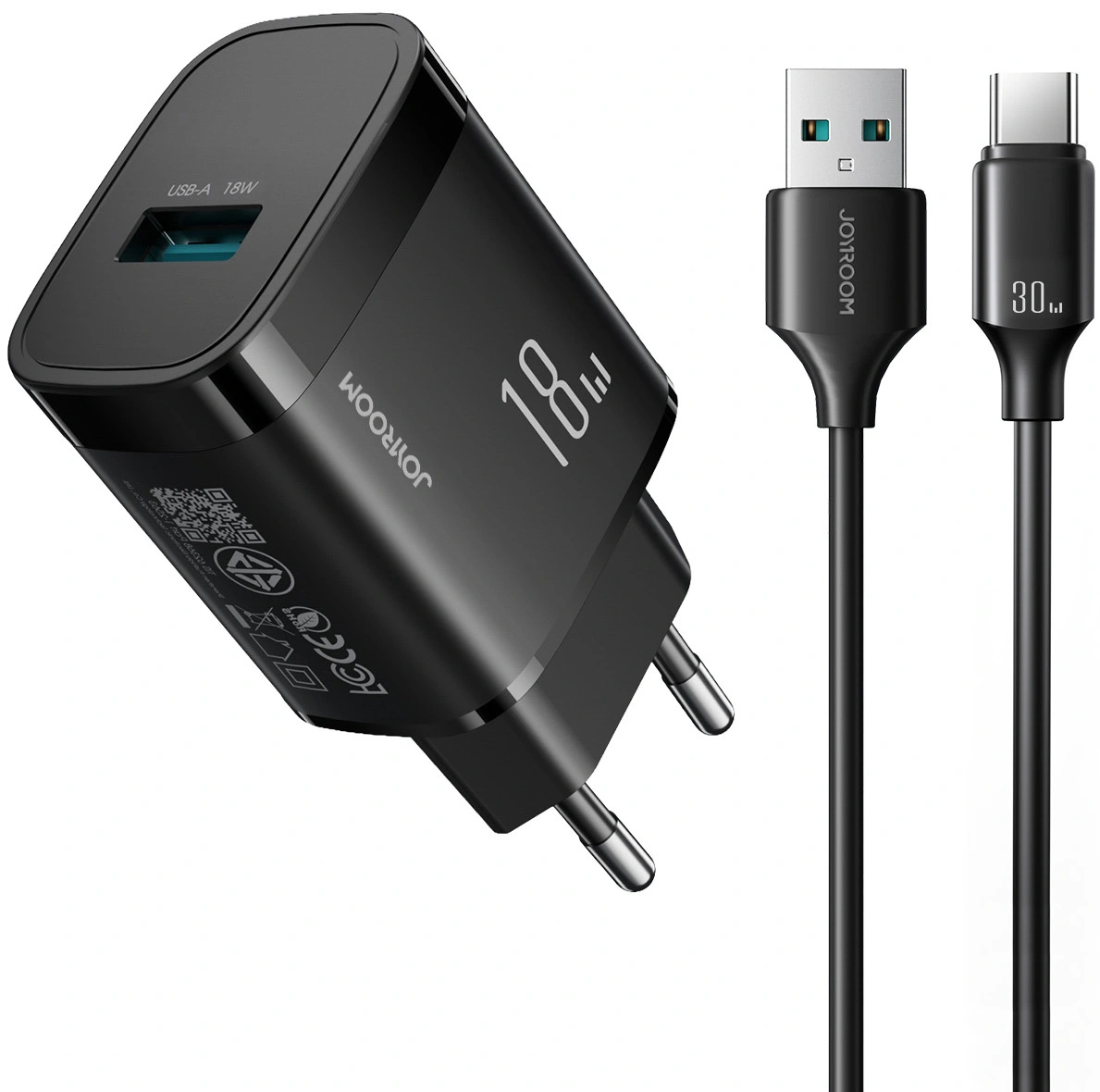 Netzteil mit USB-C-Kabel Joyroom JR-TF4, 18W, 3A, 1 x USB-A, Schwarz