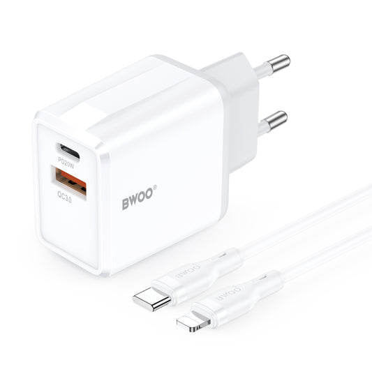 Netzteil mit Lightning-Kabel BWOO CDA182, 38W, 3A, 1 x USB-A - 1 x USB-C, Weiß