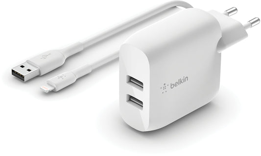 Netzteil mit USB-C-Kabel Belkin BoostCharge Dual, 24W, 2,4A, 2 x USB-A, Weiß WCE001vf1MWH