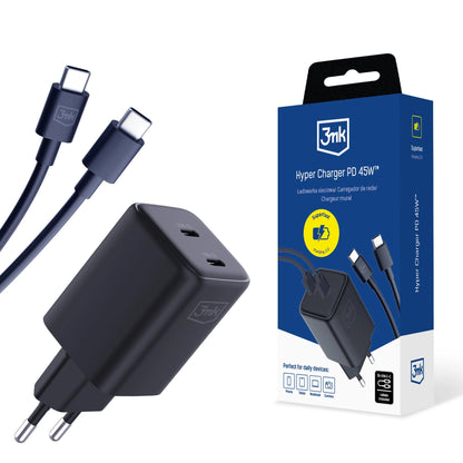 Netzwerkladegerät mit USB-C-Kabel 3MK HyperCharger, 45 W, 3 A, 2 x USB-C, Schwarz