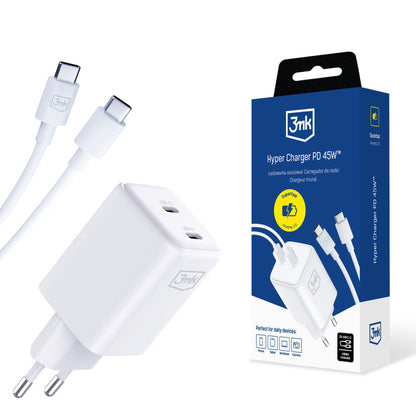 Netzwerkladegerät mit USB-C-Kabel 3MK HyperCharger, 45 W, 3 A, 2 x USB-C, Weiß