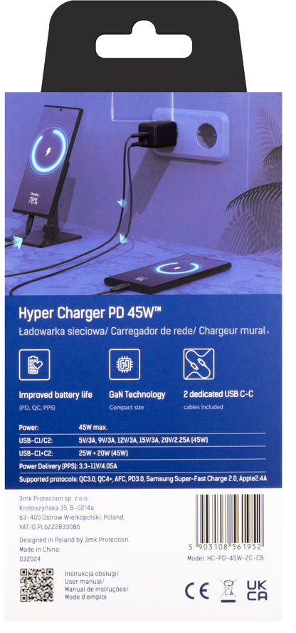 Netzwerkladegerät mit USB-C-Kabel 3MK HyperCharger, 45 W, 3 A, 2 x USB-C, Schwarz