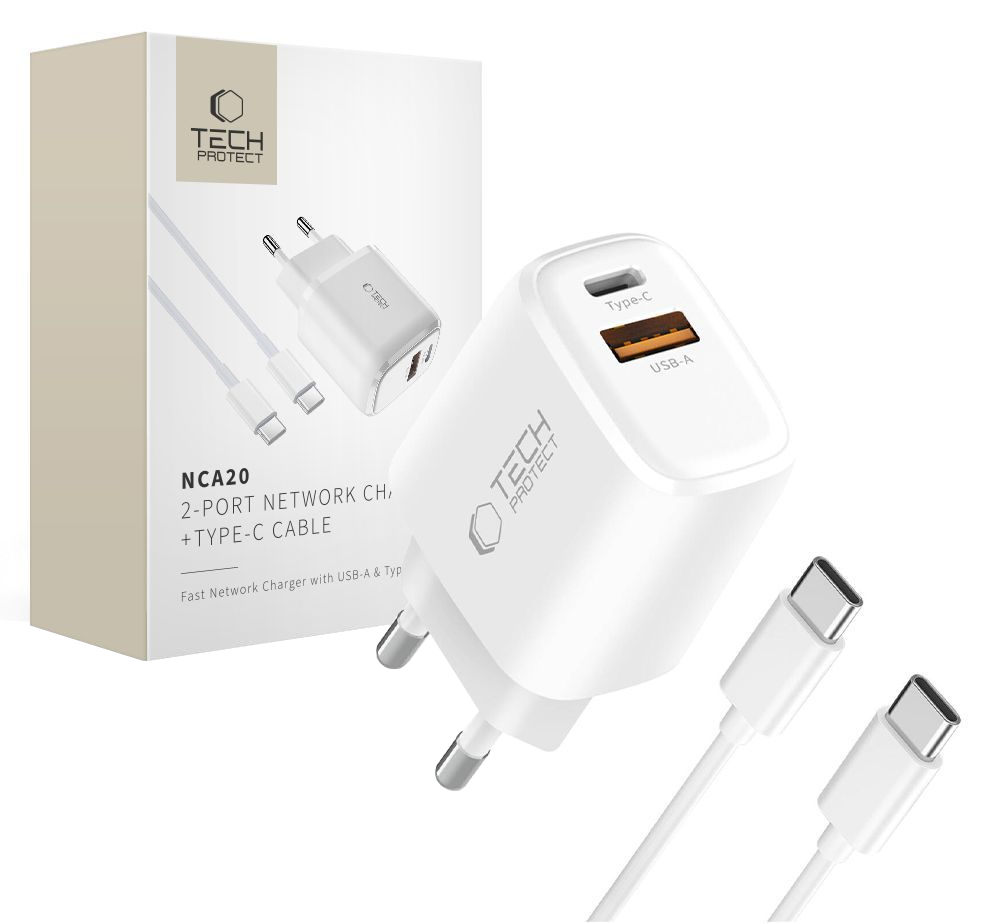 Netzteil mit USB-C-Kabel Tech-Protect NCA20, 20W, 3A, 1 x USB-A - 1 x USB-C, Weiß