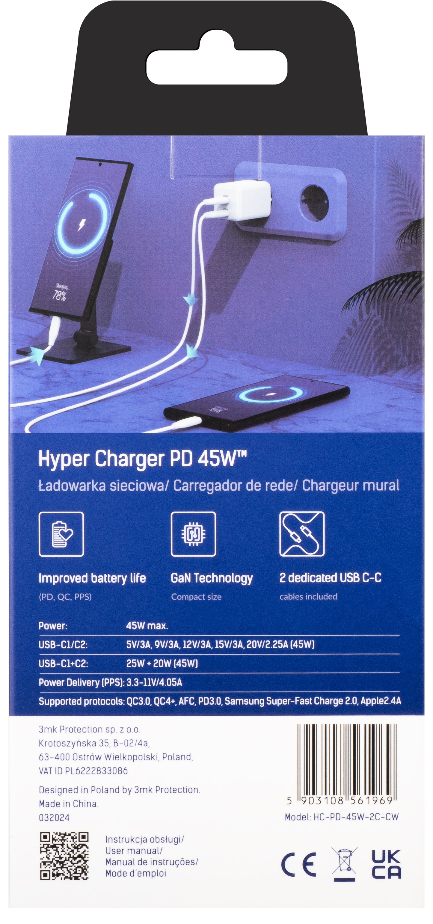 Netzwerkladegerät mit USB-C-Kabel 3MK HyperCharger, 45 W, 3 A, 2 x USB-C, Weiß