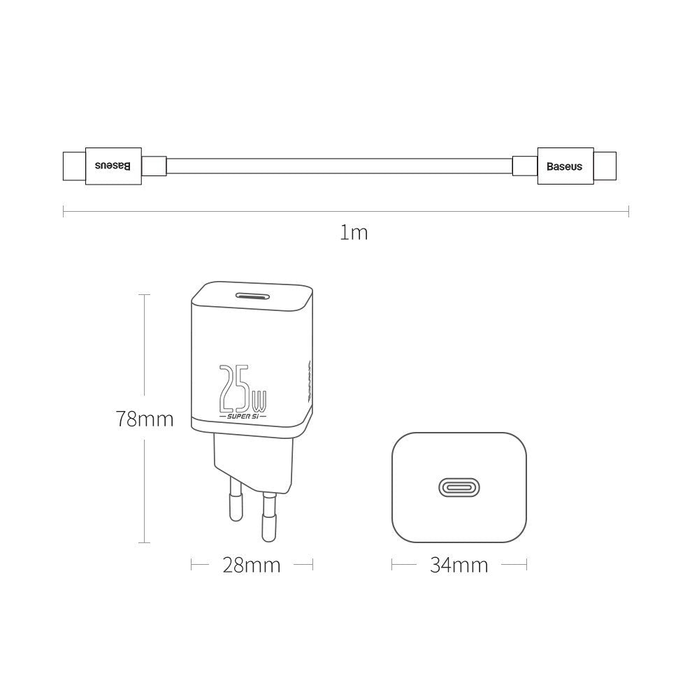 Netzwerkladegerät mit USB-C-Kabel Baseus Super Si, 25 W, 3 A, 1 x USB-C, Schwarz TZCCSUP-L01