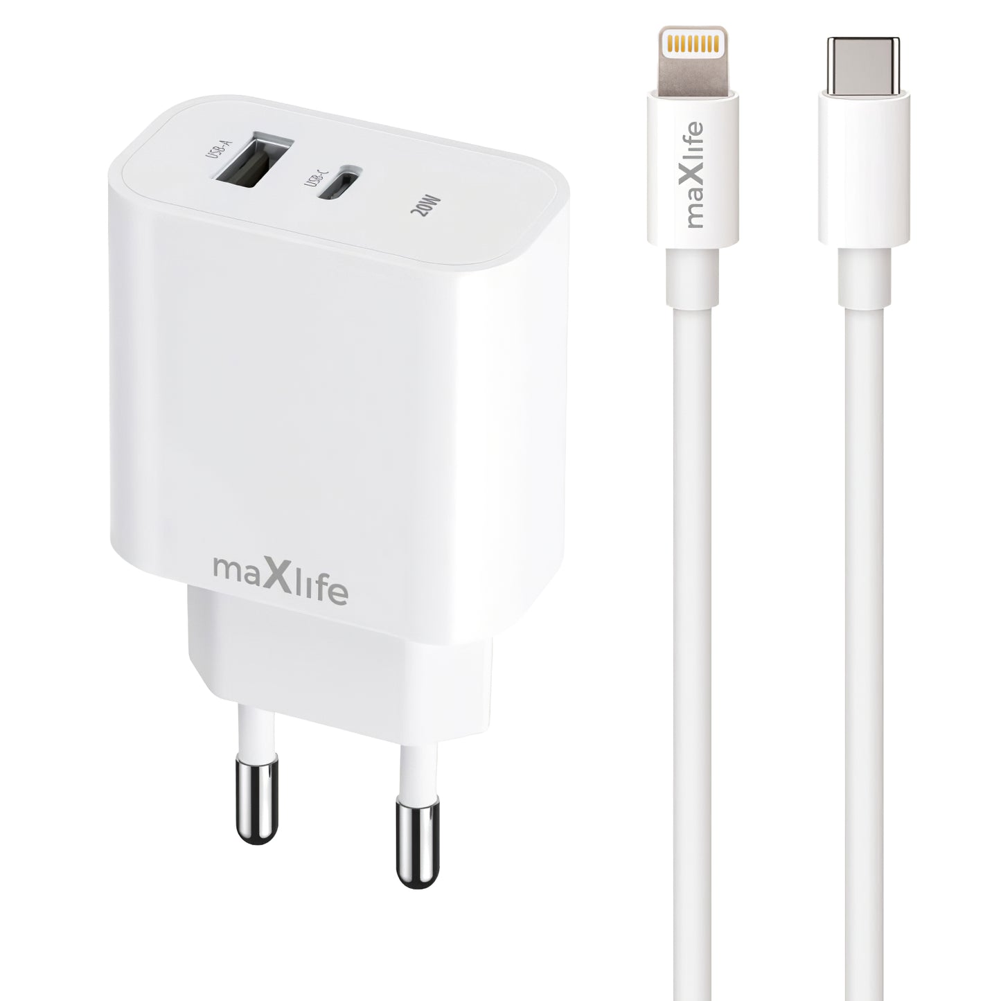 Netzwerkladegerät mit Lightning-Kabel MaXlife MXTC-06-20AC, 20 W, 3 A, 1 x USB-A – 1 x USB-C, Weiß