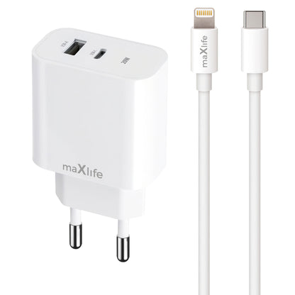 Netzwerkladegerät mit Lightning-Kabel MaXlife MXTC-06-20AC, 20 W, 3 A, 1 x USB-A – 1 x USB-C, Weiß