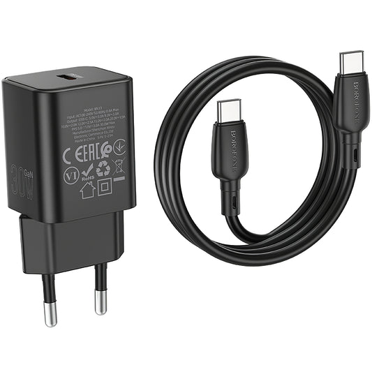 Netzwerk-Ladegerät mit USB-C Kabel Borofone BN13 Safety, 30W, 3A, 1 x USB-C, Schwarz 