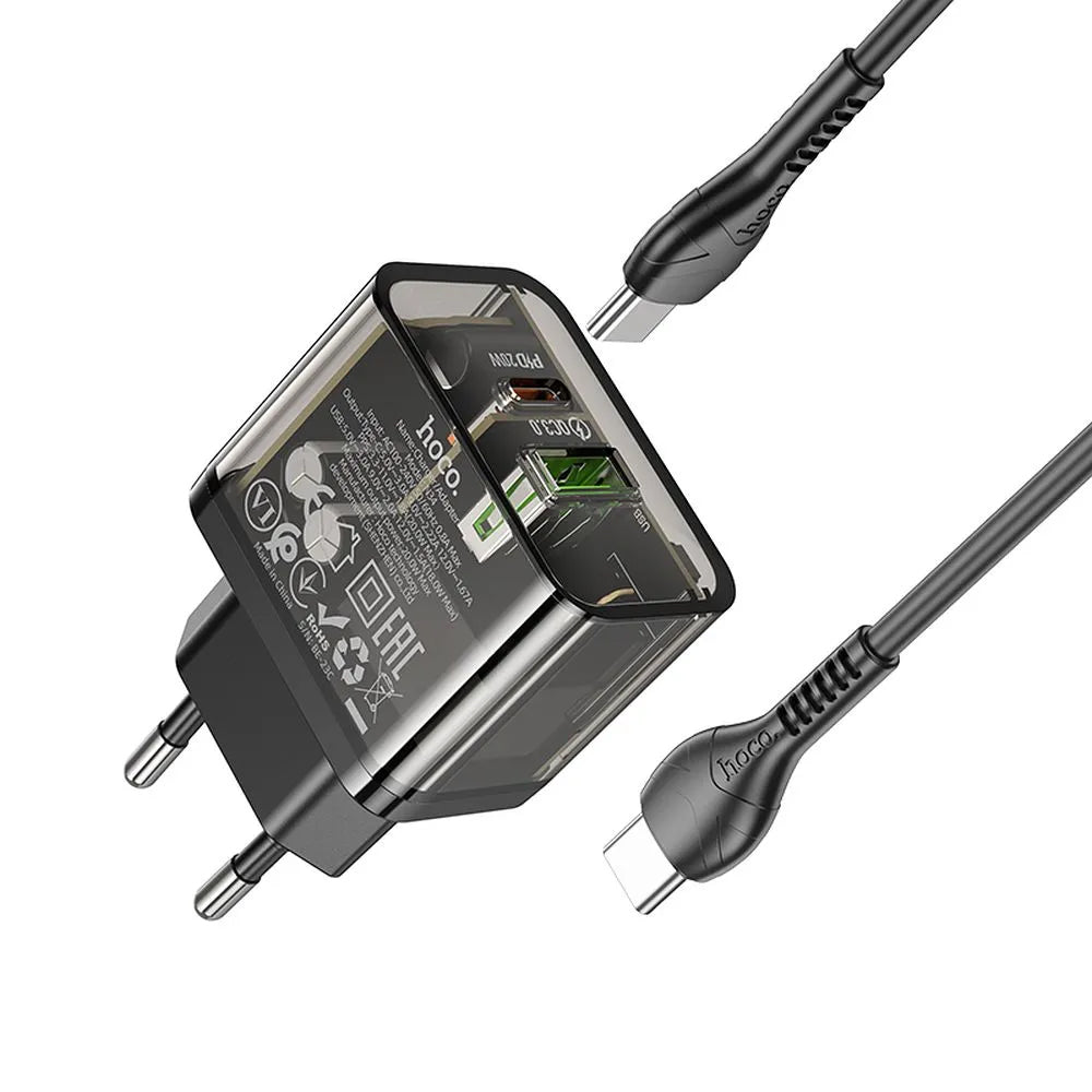 Netzladegerät mit USB-C Kabel HOCO N34, 20W, 3A, 1 x USB-A - 1 x USB-C, Transparent