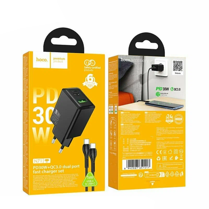 Network Charger with USB-C Cable HOCO N71, 30W, 3A, 1 x USB-A - 1 x USB-C, Black