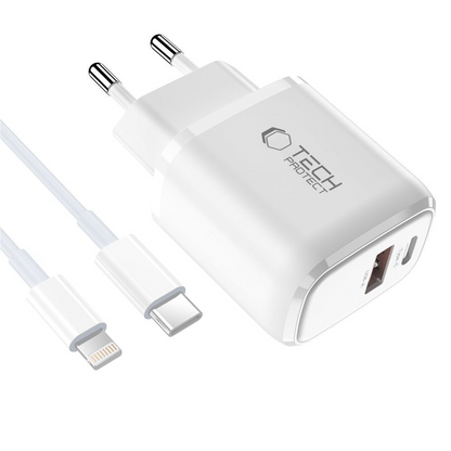 Netzteil mit Lightning-Kabel Tech-Protect NCA20, 20W, 3A, 1 x USB-A - 1 x USB-C, Weiß