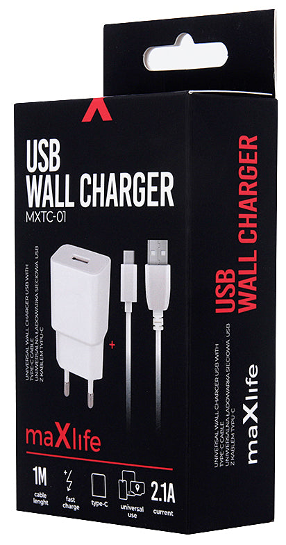 Netzteil mit USB-C-Kabel MaXlife MXTC-01, 10,5W, 2,1A, 1 x USB-A, Weiß