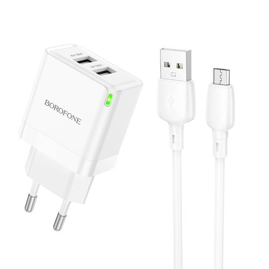 Netzwerkladegerät mit Micro-USB-Kabel Borofone BN15 Strong, 10,5 W, 2,1 A, 2 x USB-A, Weiß