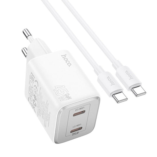 Netzwerkladegerät mit USB-C-Kabel HOCO N42, 45 W, 3 A, 2 x USB-C, Weiß