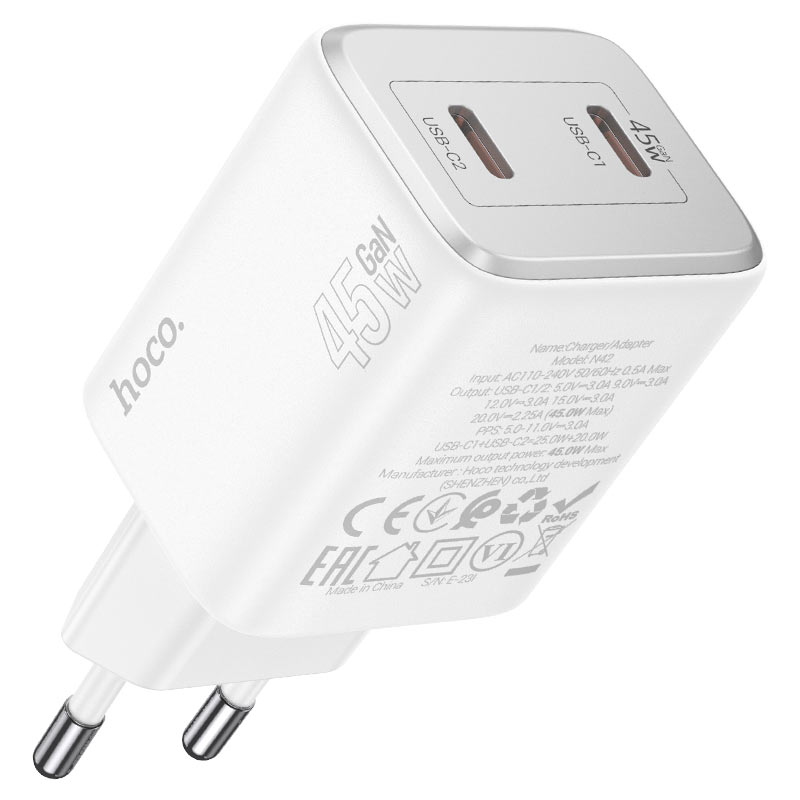 Netzwerkladegerät mit Lightning-Kabel HOCO N42, 45 W, 3 A, 2 x USB-C, Weiß