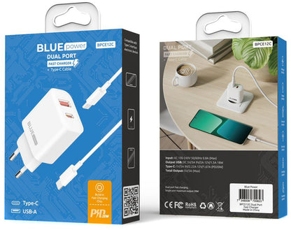 Netzwerkladegerät mit USB-C-Kabel Blue Power BPCE12C, 20 W, 3 A, 1 x USB-A – 1 x USB-C, Weiß