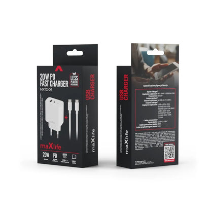 Netzladegerät mit USB-C Kabel MaXlife MXTC-06-20AC, 20W, 3A, 1 x USB-A - 1 x USB-C, Weiß
