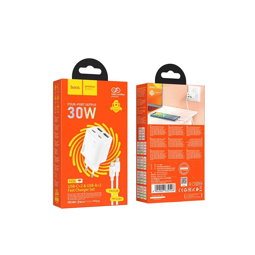 Netzladegerät mit USB-C Kabel HOCO N56, 30W, 3A, 2 x USB-A - 2 x USB-C, Weiß