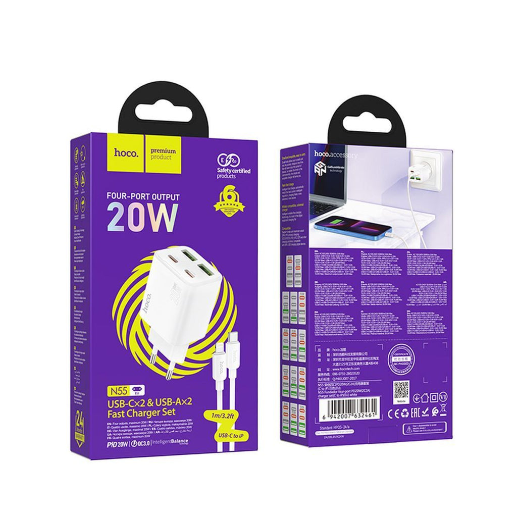 Netzladegerät mit Lightning-Kabel HOCO N55, 20W, 3A, 2 x USB-A - 2 x USB-C, Weiß