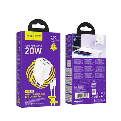 Netzladegerät mit Lightning-Kabel HOCO N55, 20W, 3A, 2 x USB-A - 2 x USB-C, Weiß