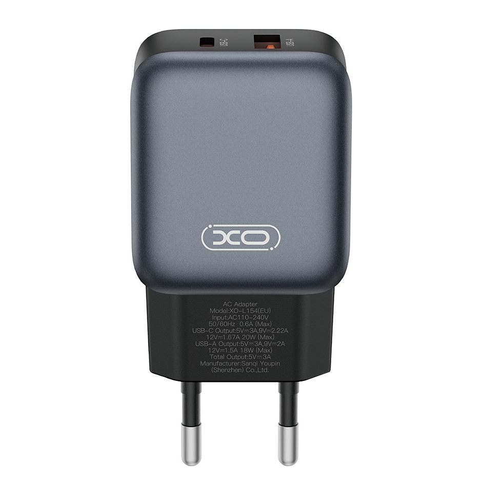 Netzladegerät mit Lightning-Kabel XO Design L154, 20W, 3A, 1 x USB-A - 1 x USB-C, Schwarz