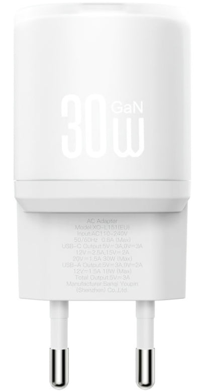 Netzladegerät mit USB-C Kabel XO Design L151, 30W, 3A, 1 x USB-A - 1 x USB-C, Weiß