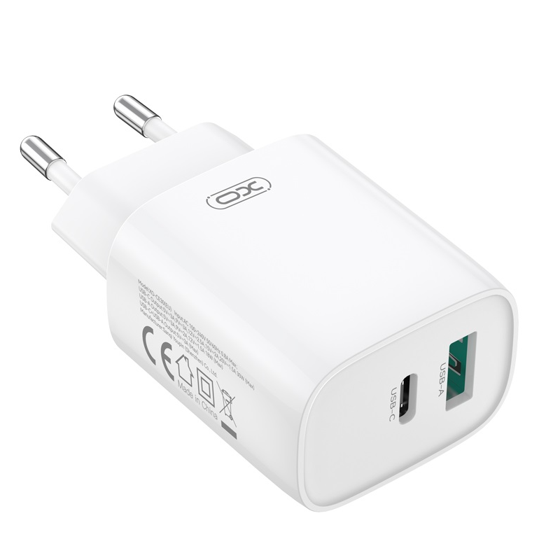 Netzladegerät mit Lightning-Kabel XO Design CE30, 30W, 3A, 1 x USB-A - 1 x USB-C, Weiß
