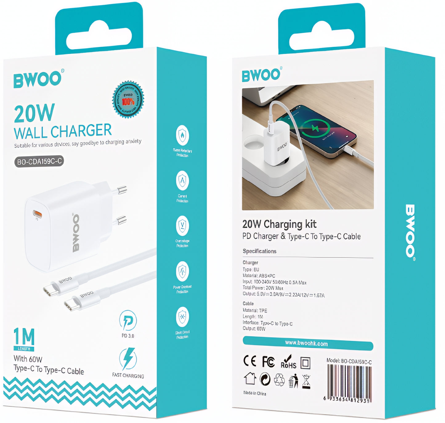Netzladegerät mit USB-C Kabel BWOO CDA159, 20W, 3A, 1 x USB-C, Weiß