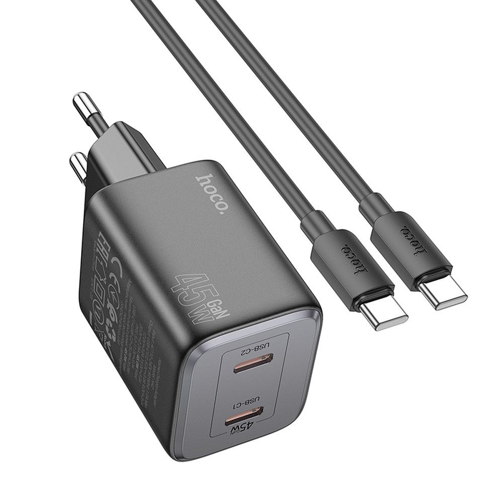 Netzwerkladegerät mit USB-C-Kabel HOCO N42, 45 W, 3 A, 2 x USB-C, Schwarz