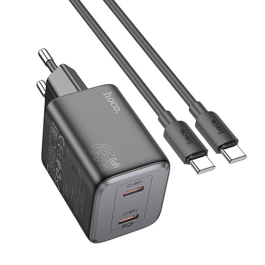 Netzwerk-Ladegerät mit USB-C Kabel HOCO N42, 45W, 3A, 2 x USB-C, Schwarz 