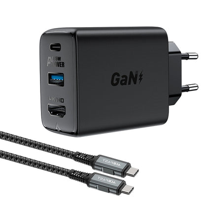 Acefast A17 Hub TV-Kabel-Netzwerk-Ladegerät, 65 W, 3 A, 1 x HDMI – 1 x USB-A – 1 x USB-C, Schwarz