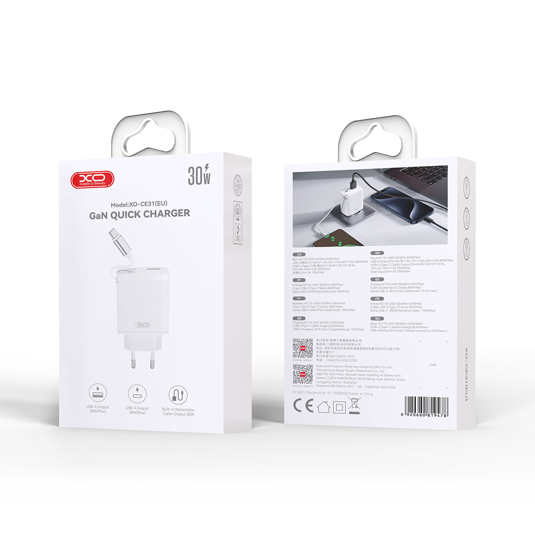 Netzladegerät mit USB-C Kabel XO Design CE31, 30W, 3A, 1 x USB-A - 1 x USB-C, Weiß