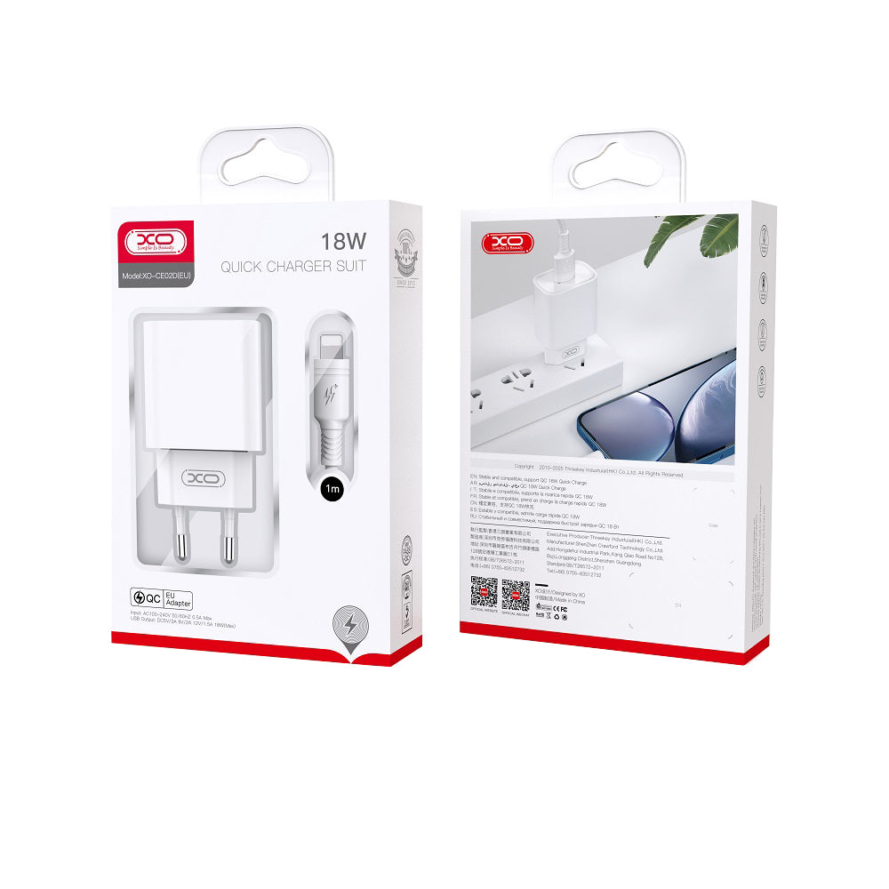Netzladegerät mit USB-C Kabel XO Design CE02D, 18W, 3A, 1 x USB-A, Weiß