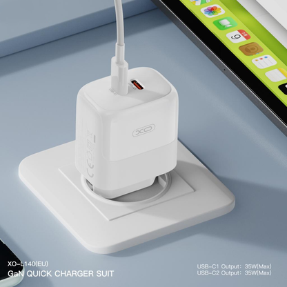 Netzladegerät mit Lightning-Kabel XO Design L140, 35W, 3A, 2 x USB-C, Weiß