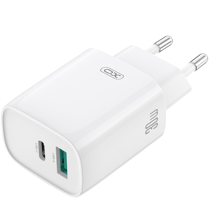 Netzladegerät mit Lightning-Kabel XO Design CE30, 30W, 3A, 1 x USB-A - 1 x USB-C, Weiß