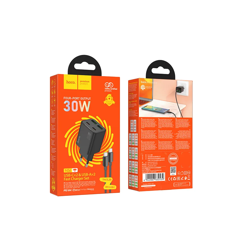 Netzladegerät mit USB-C Kabel HOCO N56, 30W, 3A, 2 x USB-A - 2 x USB-C, Schwarz