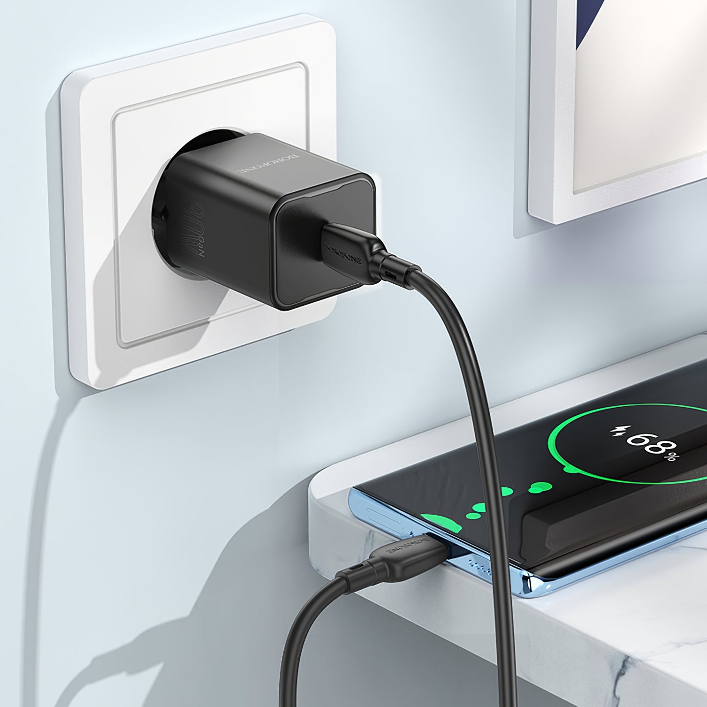 Borofone BN13 Sicherheitsnetzwerk-Ladegerät mit USB-C-Kabel, 30 W, 3 A, 1 x USB-C, Schwarz