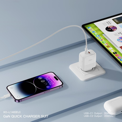 Netzladegerät mit Lightning-Kabel XO Design L140, 35W, 3A, 2 x USB-C, Weiß
