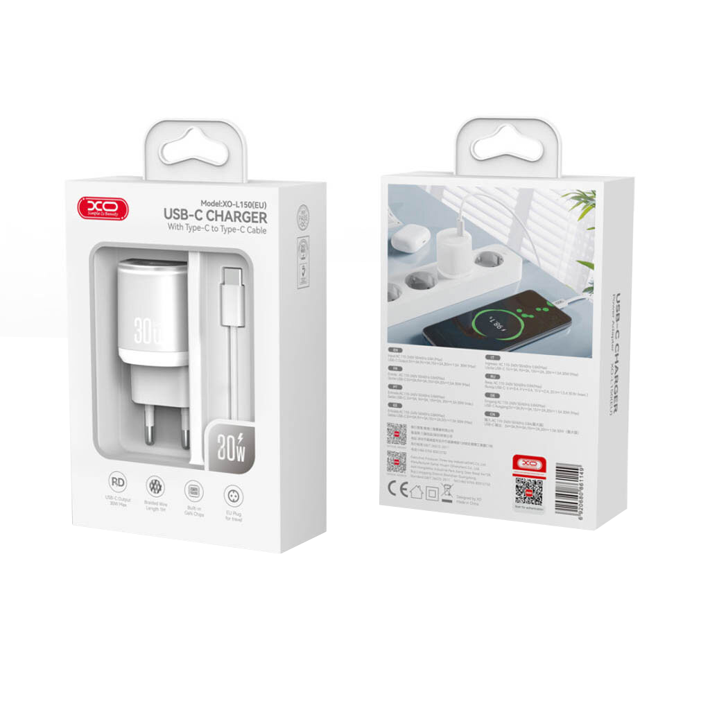 Netzladegerät mit USB-C Kabel XO Design L150, 30W, 3A, 1 x USB-C, Weiß