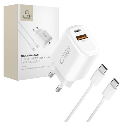 Netzladegerät mit USB-C Kabel Tech-Protect NCA45W, 45W, 3A, 1 x USB-A - 1 x USB-C, Weiß
