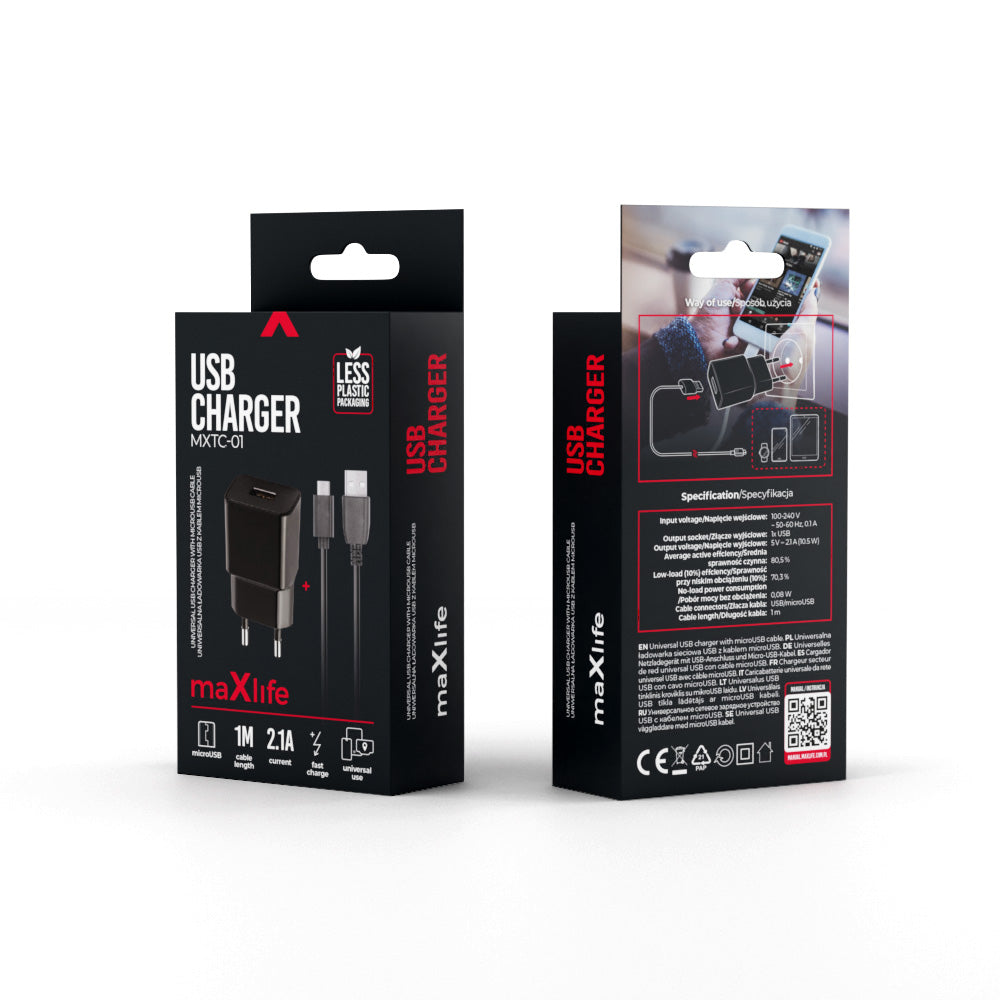 Netzladegerät mit microUSB-Kabel MaXlife MXTC-01, 10.5W, 2.1A, 1 x USB-A, Schwarz