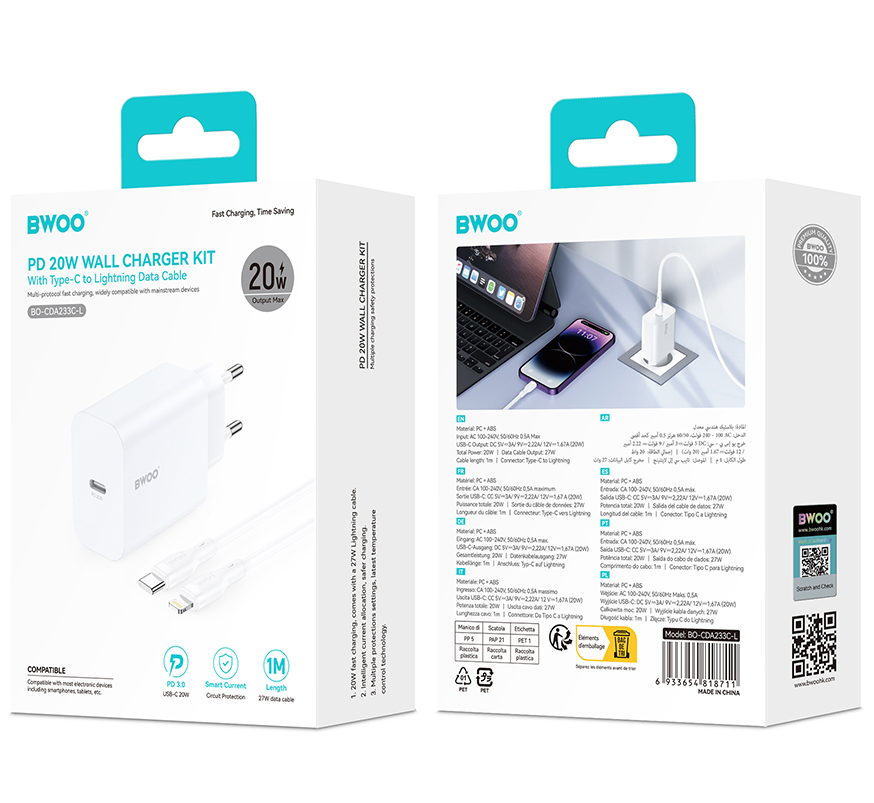 Netzladegerät mit Lightning-Kabel BWOO CDA233, 20W, 3A, 1 x USB-C, Weiß