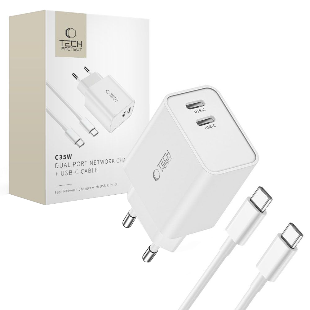 Netzladegerät mit USB-C-Kabel Tech-Protect C35W, 35W, 3A, 2 x USB-C, Weiß