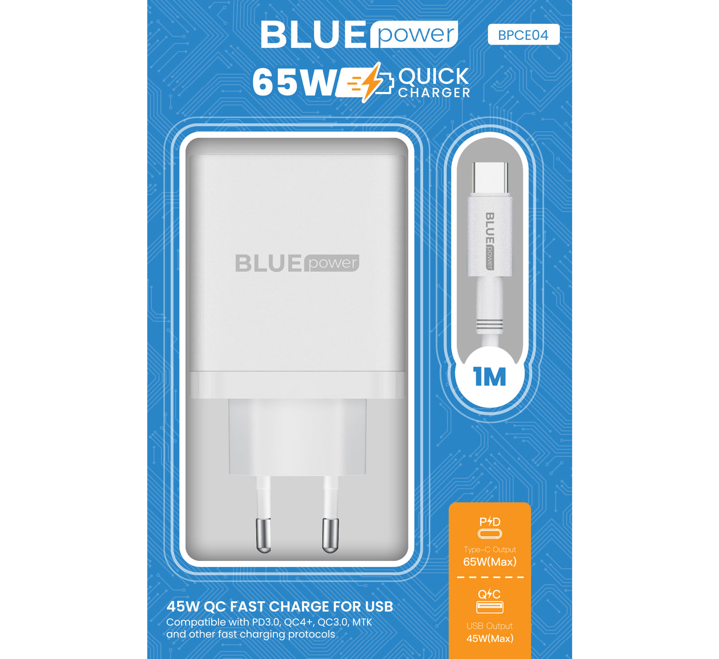 Netzwerkladegerät mit USB-C-Kabel BLUE Power BPCE04, 65 W, 3,25 A, 1 x USB-A – 2 x USB-C, Weiß