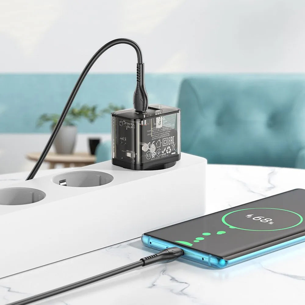 Netzladegerät mit USB-C Kabel HOCO N34, 20W, 3A, 1 x USB-A - 1 x USB-C, Transparent