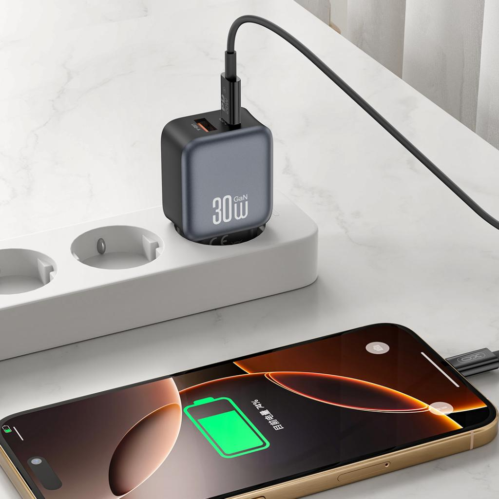 Netzladegerät mit Lightning-Kabel XO Design L156, 30W, 3A, 1 x USB-A - 1 x USB-C, Schwarz
