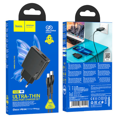 Netzladegerät mit Lightning-Kabel HOCO N38, 20W, 3A, 1 x USB-A - 1 x USB-C, Schwarz