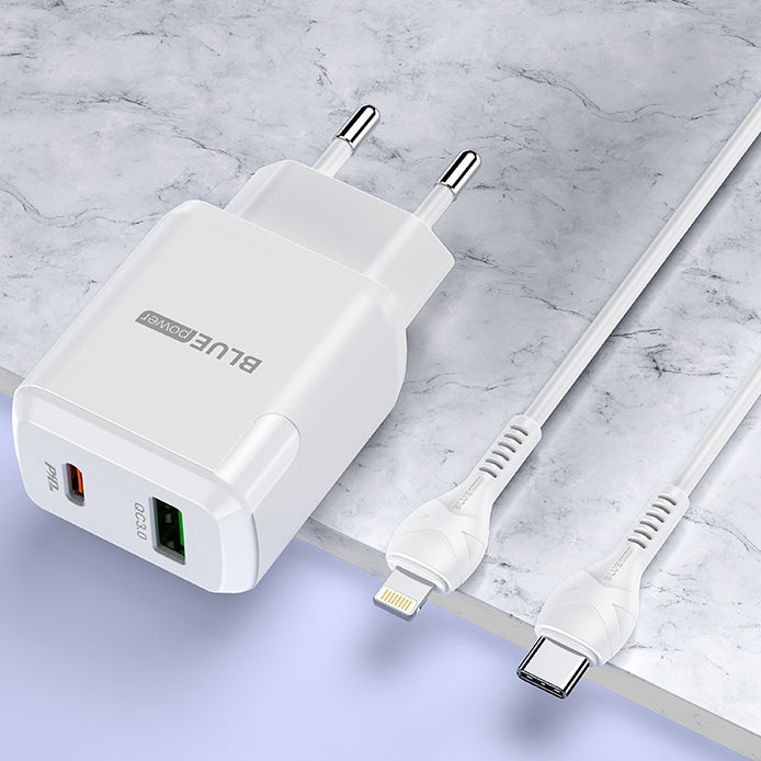 Netzwerkladegerät mit Lightning-Kabel BLUE Power BLN5, 20 W, 3 A, 1 x USB-A – 1 x USB-C, Weiß