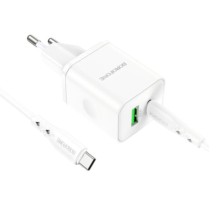 Borofone BN7 Netzwerkladegerät mit USB-C-Kabel, 20 W, 3 A, 1 x USB-A – 1 x USB-C, Weiß